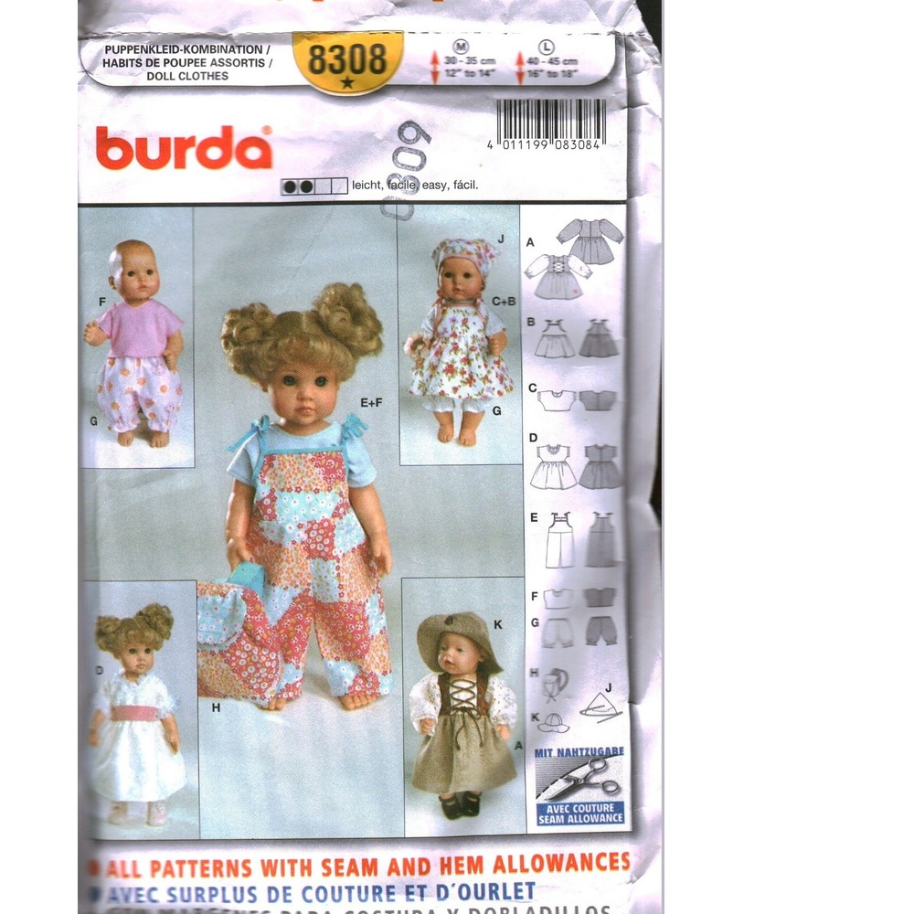 Burda 8308 Doll Clothes‎ Sewing Pattern 12-18 Inch Medium Large Easy Cut